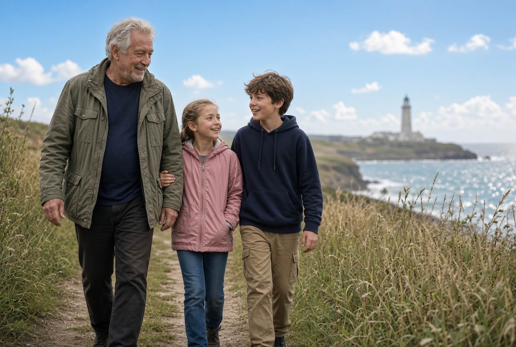 Grandpa and grandkids walking