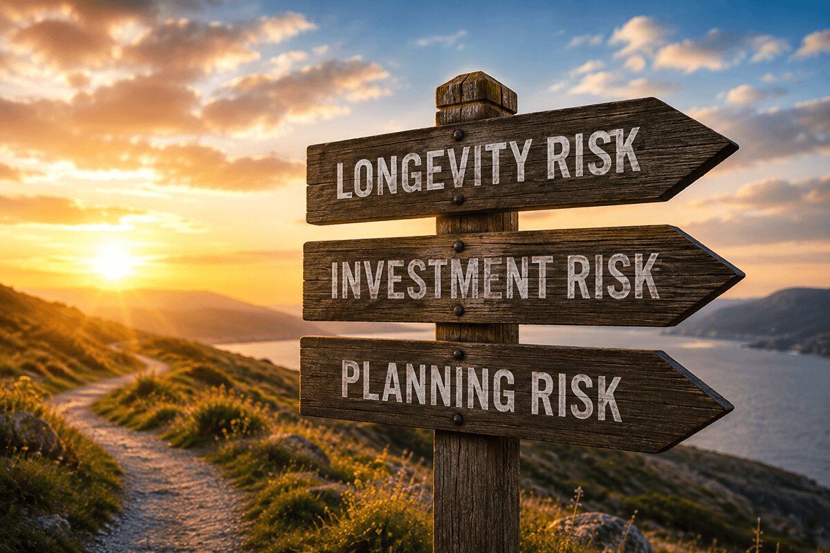 Wooden directional signpost at sunset displaying three major retirement risks: Longevity Risk, Investment Risk, and Planning Risk.