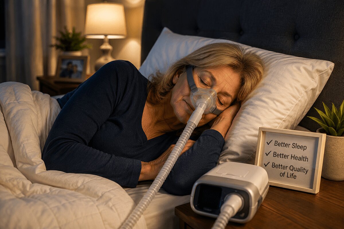 Mature woman sleeping comfortably in bed using a CPAP machine and mask for sleep apnea therapy.